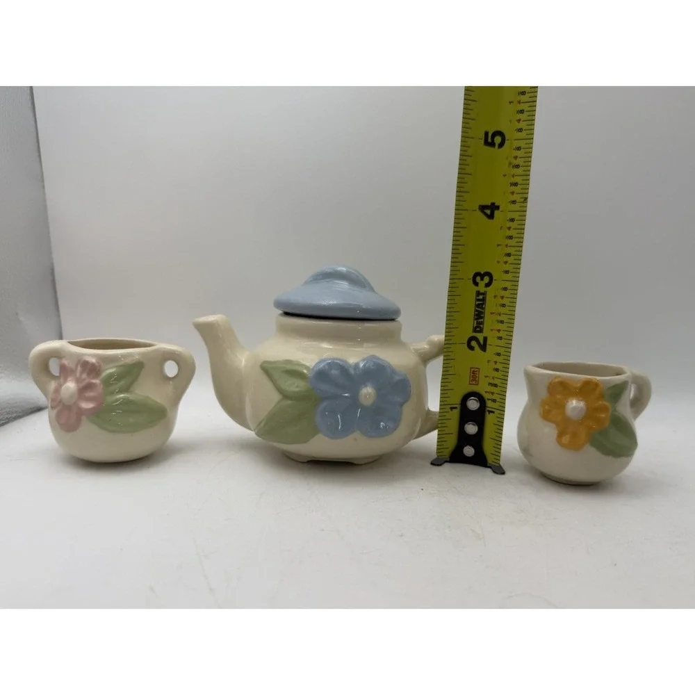 Vintage Child's Miniature Ceramic Tea Set Teapot Creamer Sugar Floral 3 Pc